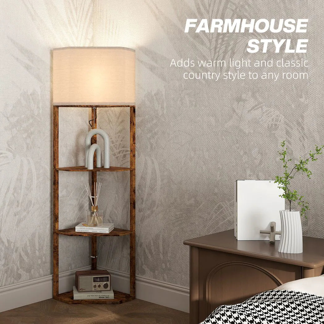 HOMCOM Corner Floor Lamp with 3 Storage Shelves & Pull Chain Switch – Tall Standing Lamp, Rustic Brown