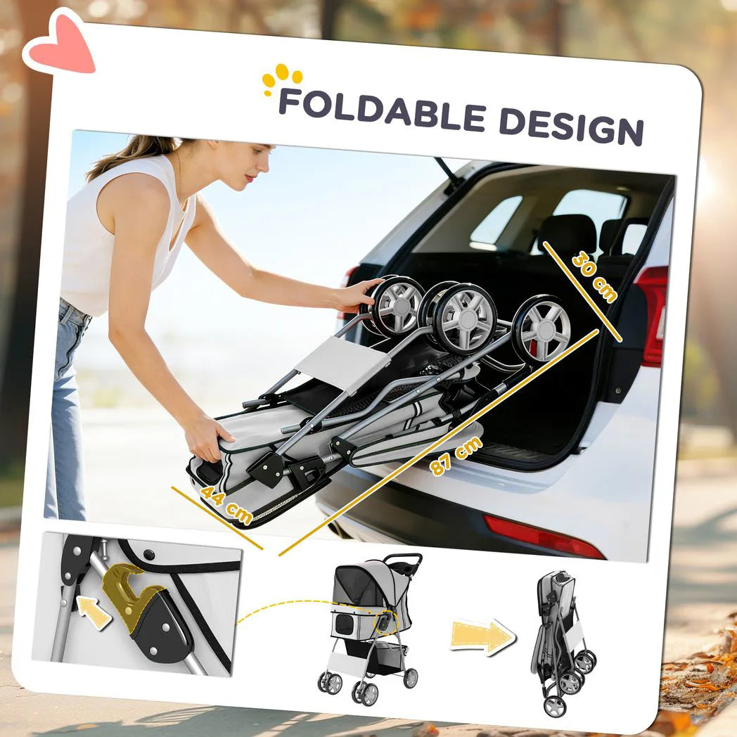 PawHut Dog Pram with Reflective Strips and 360° Swivel Wheels – Foldable Pet Stroller, Grey