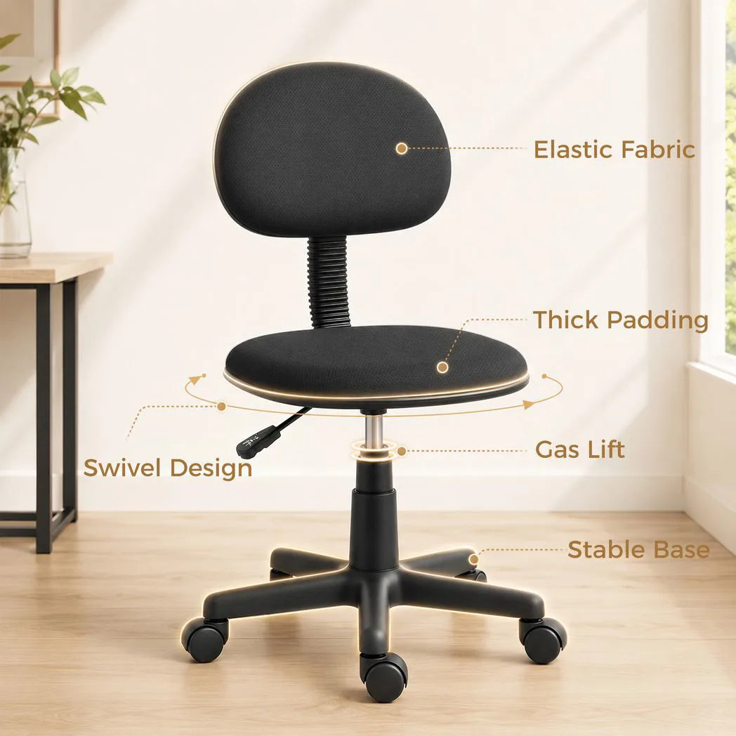 HOMCOM Small Armless Office Chair with Swivel Wheels & Gas Lift – Space-Saving Desk Chair, Black