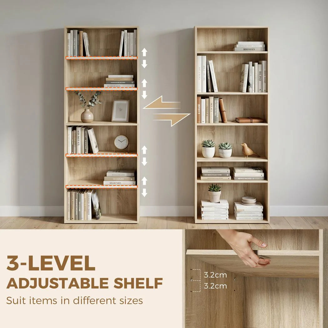 HOMCOM Six Shelf Bookcase with Adjustable Shelves and Anti-Tipping Kit – Display and Storage Unit, Oak