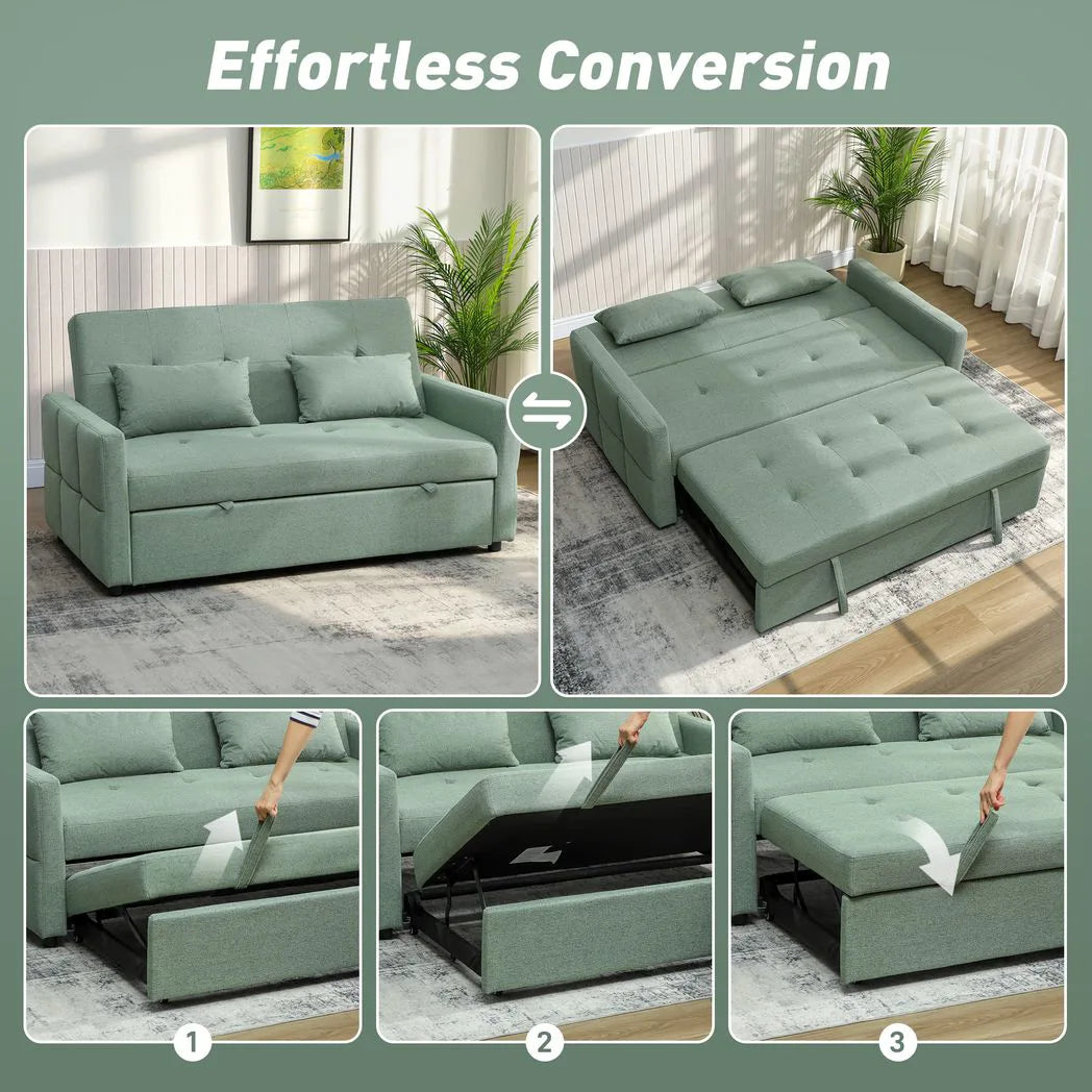 HOMCOM 2 Seater Sofa Bed with Three-Position Back & 2 Pillows – Pull-Out Guest Bed, Green Linen-Look