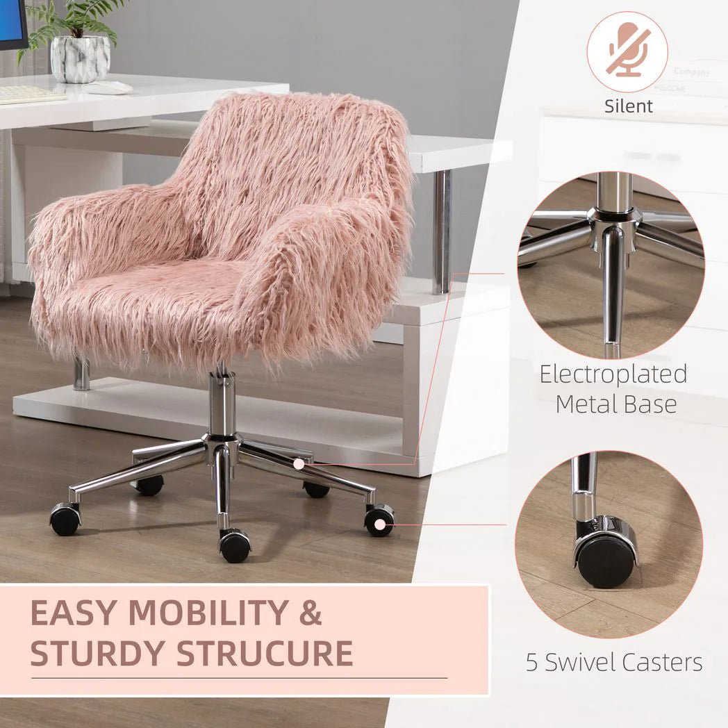 Vinsetto Faux Fur Swivel Desk Chair with Armrests, Adjustable Height – Makeup Chair for Bedroom, Pink