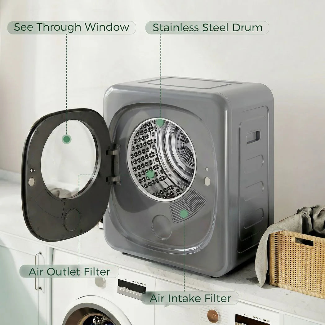 HOMCOM 4kg Vented Compact Tumble Dryer with 5 Drying Modes and Touch Display – 800W Dryer, Silver