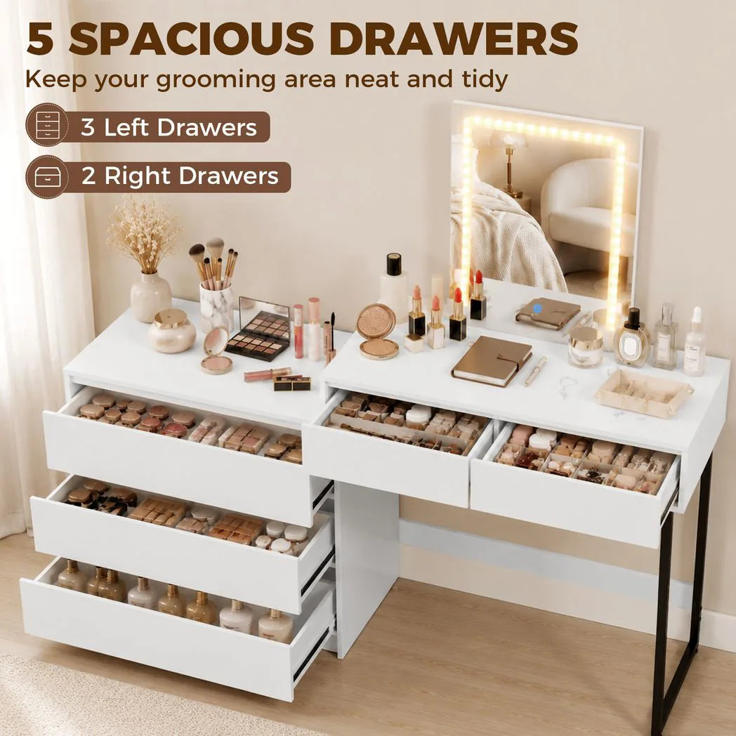 HOMCOM Vanity Makeup Desk LED Mirror Dressing Table Large Storage 5 Drawers White