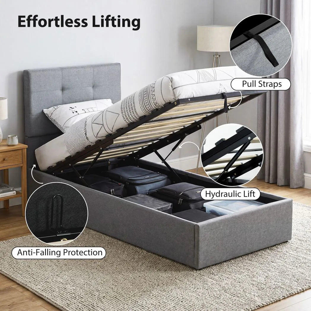 HOMCOM 3ft Single Ottoman Bed with Gas Lift Storage and Upholstered Headboard – Linen-Look Bed Frame, Grey