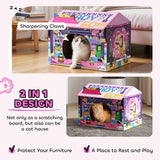 PawHut 2-in-1 Gaming-Style Cardboard Cat House with Scratching Board and Catnip – Indoor Cat Scratcher, Pink