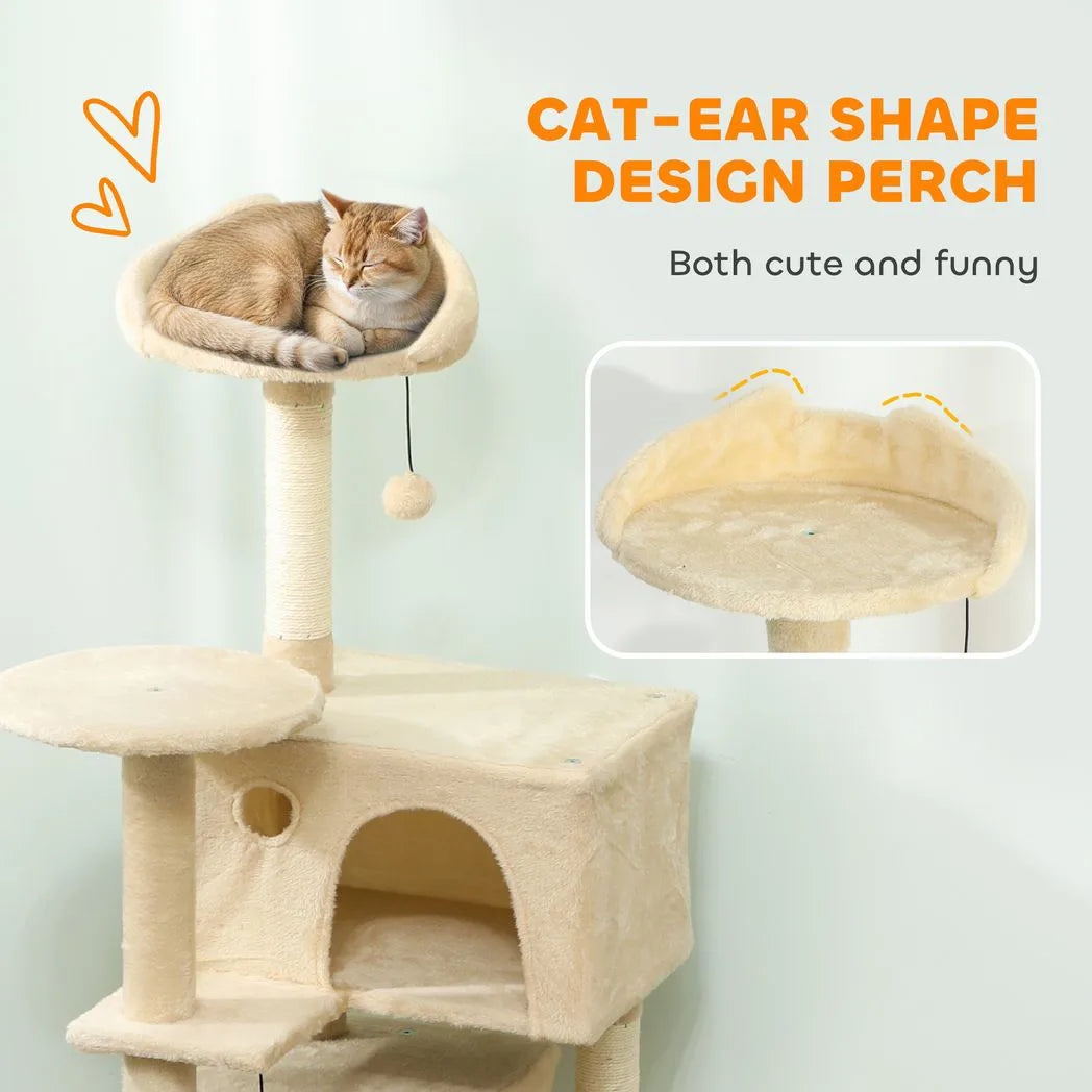 PawHut 140cm Large Cat Tree Tower with Sisal Scratching Posts, Plush Perches, Hammock & Cat Houses, Beige