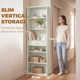 HOMCOM Narrow Tall Bookcase with Drawer and 6 Open Shelves – 182cm Space-Saving Bookshelf, Light Green