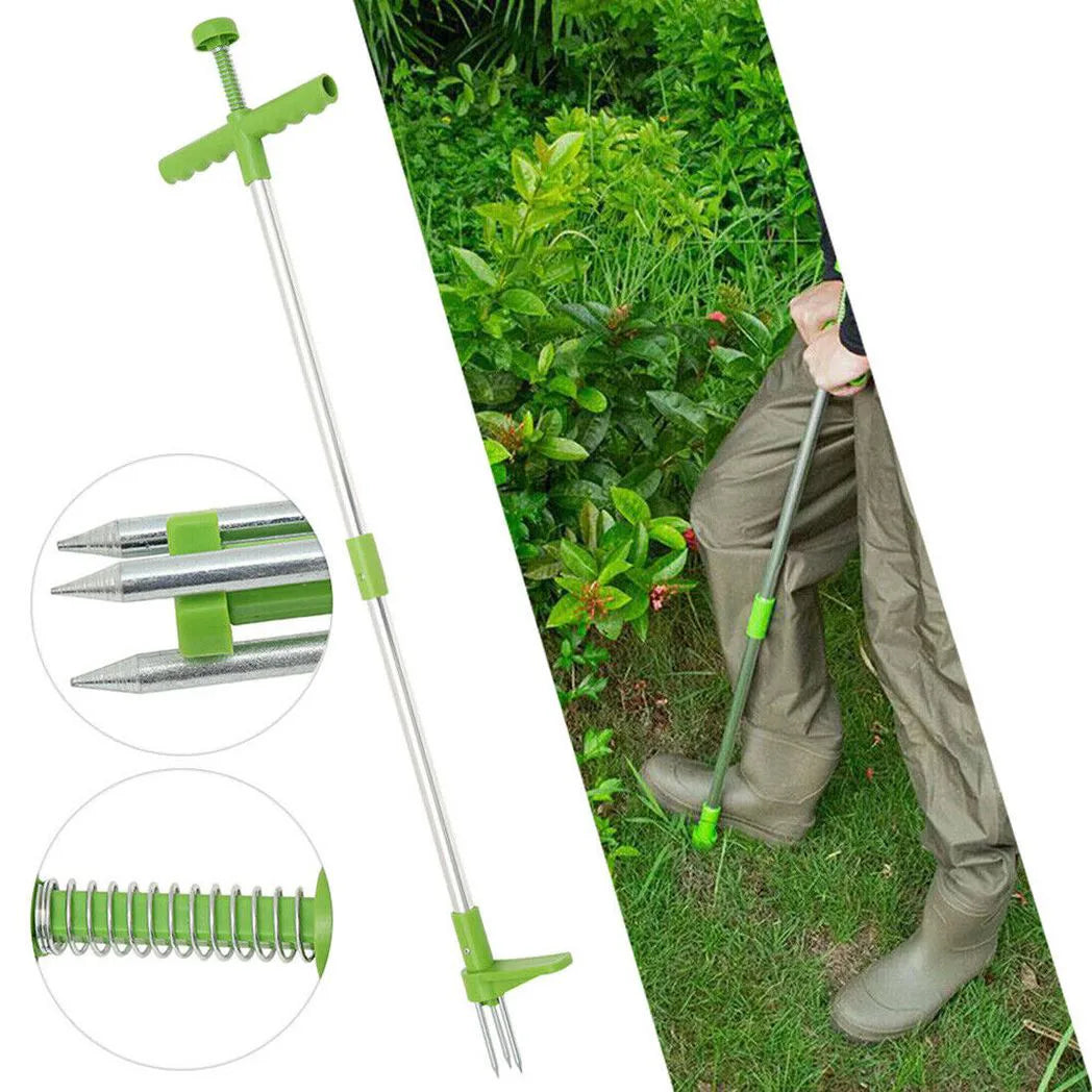 Standing Weed Puller Twister with Aluminium Handle – Garden Root Remover, No Bending, Silver & Green