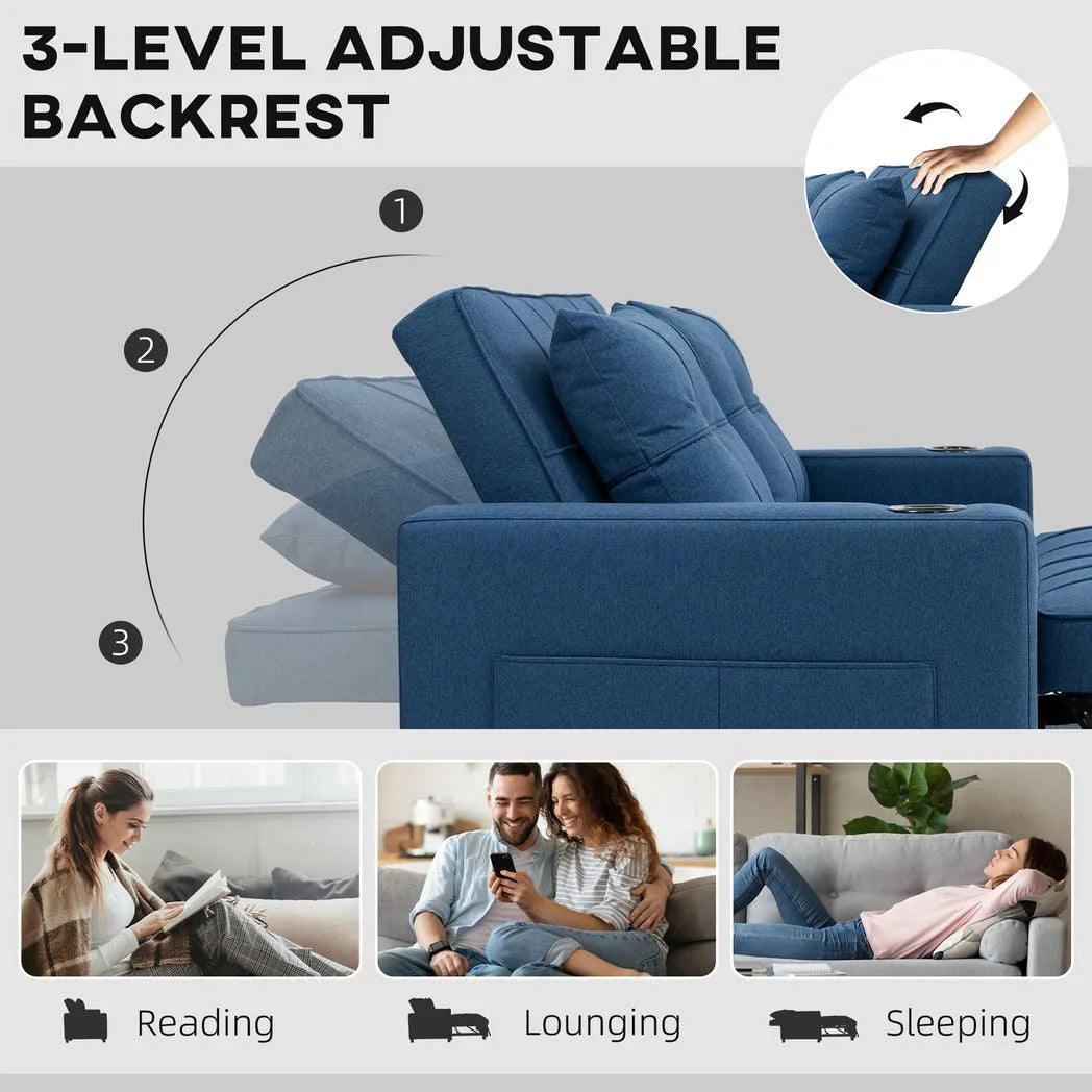 HOMCOM Two-Seater Pull-Out Sofa Bed with 3-Level Backrest and Cup Holders – 3-in-1 Loveseat, Dark Blue