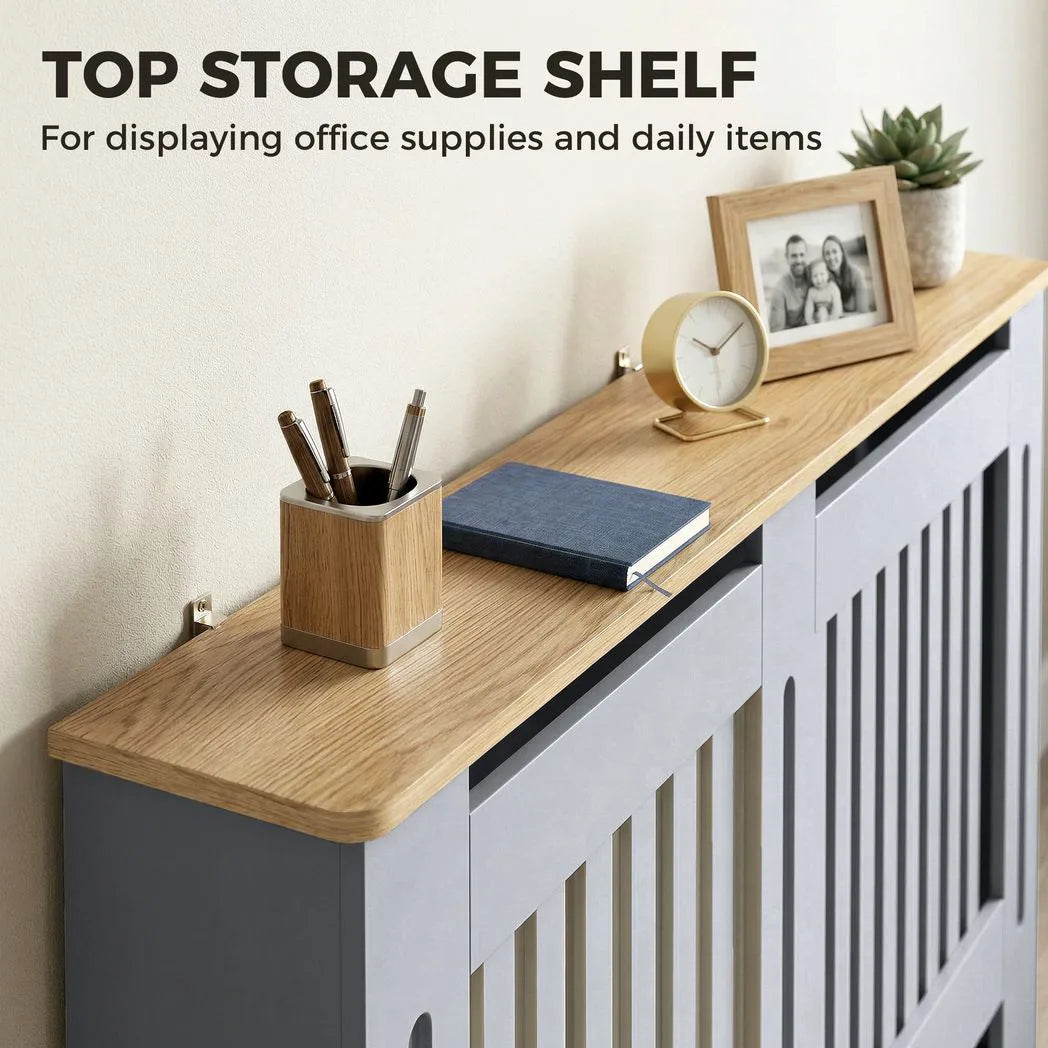 HOMCOM 152cm Slatted Radiator Cover, Painted Cabinet with Line Grill Design and Top Shelf – Grey