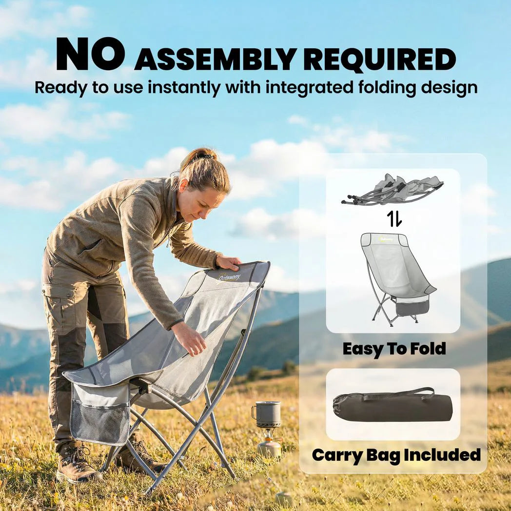 Outsunny Folding Moon Chair with Side Pocket & Carry Bag – Heavy Duty Camping Chair for Adults, Light Grey
