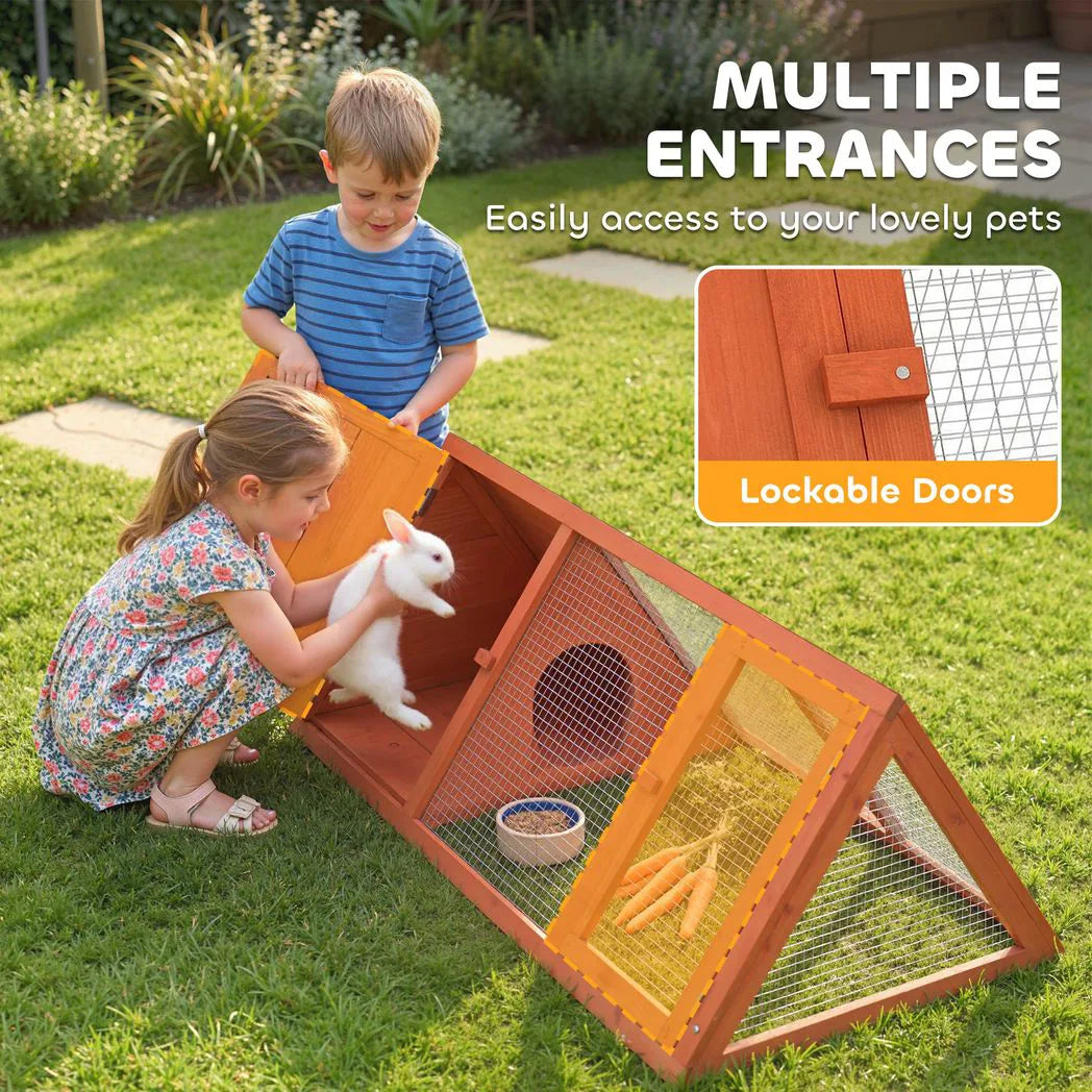 PawHut Wooden Rabbit Hutch with Run & Two Access Doors – Outdoor Triangular Guinea Pig House