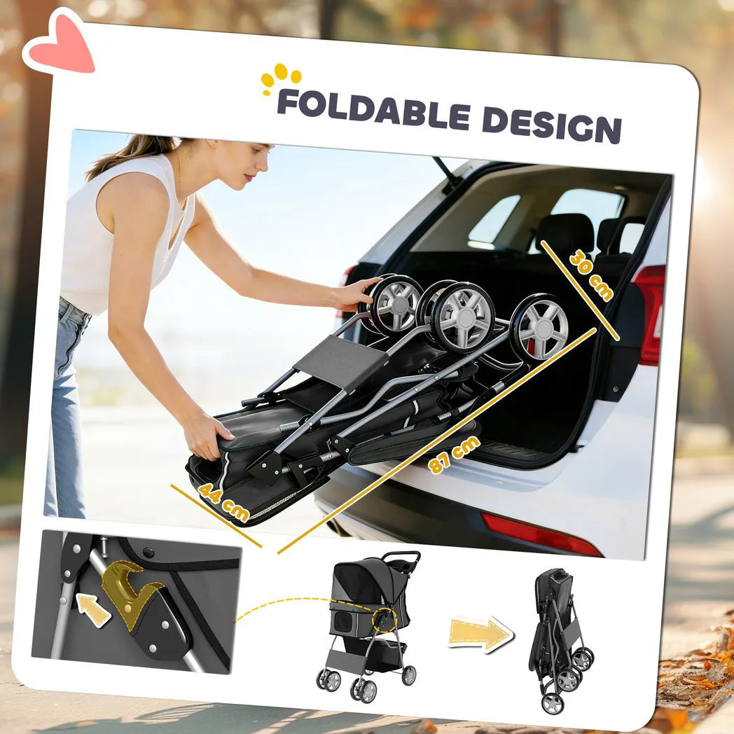 PawHut Foldable Dog Pram with Reflective Strips and 360° Swivel Wheels – Pet Stroller, Dark Grey