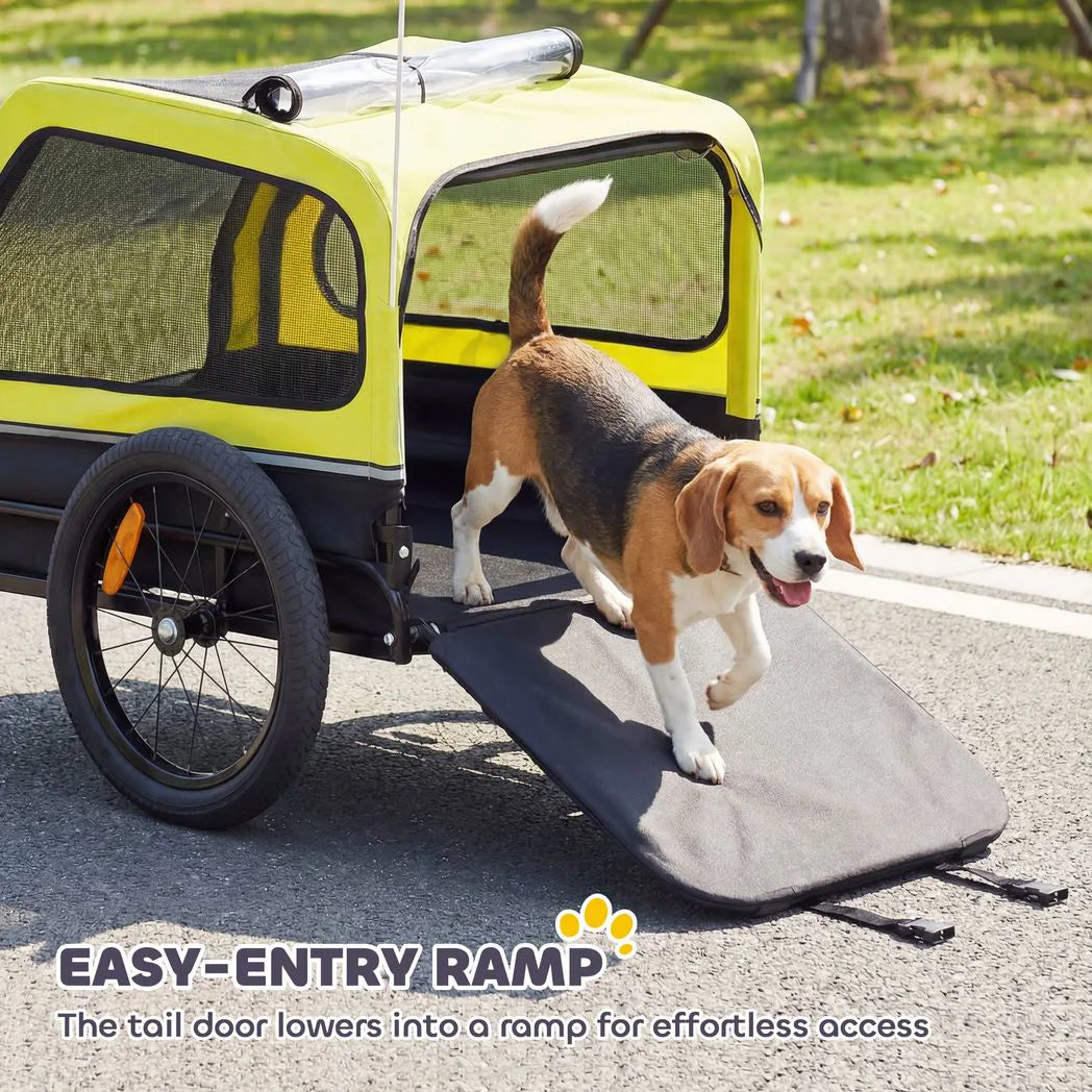 PawHut Dog Bike Trailer with Flip-Down Ramp Tailgate, Quick-Release Frame, Universal Coupler and Reflectors – Yellow