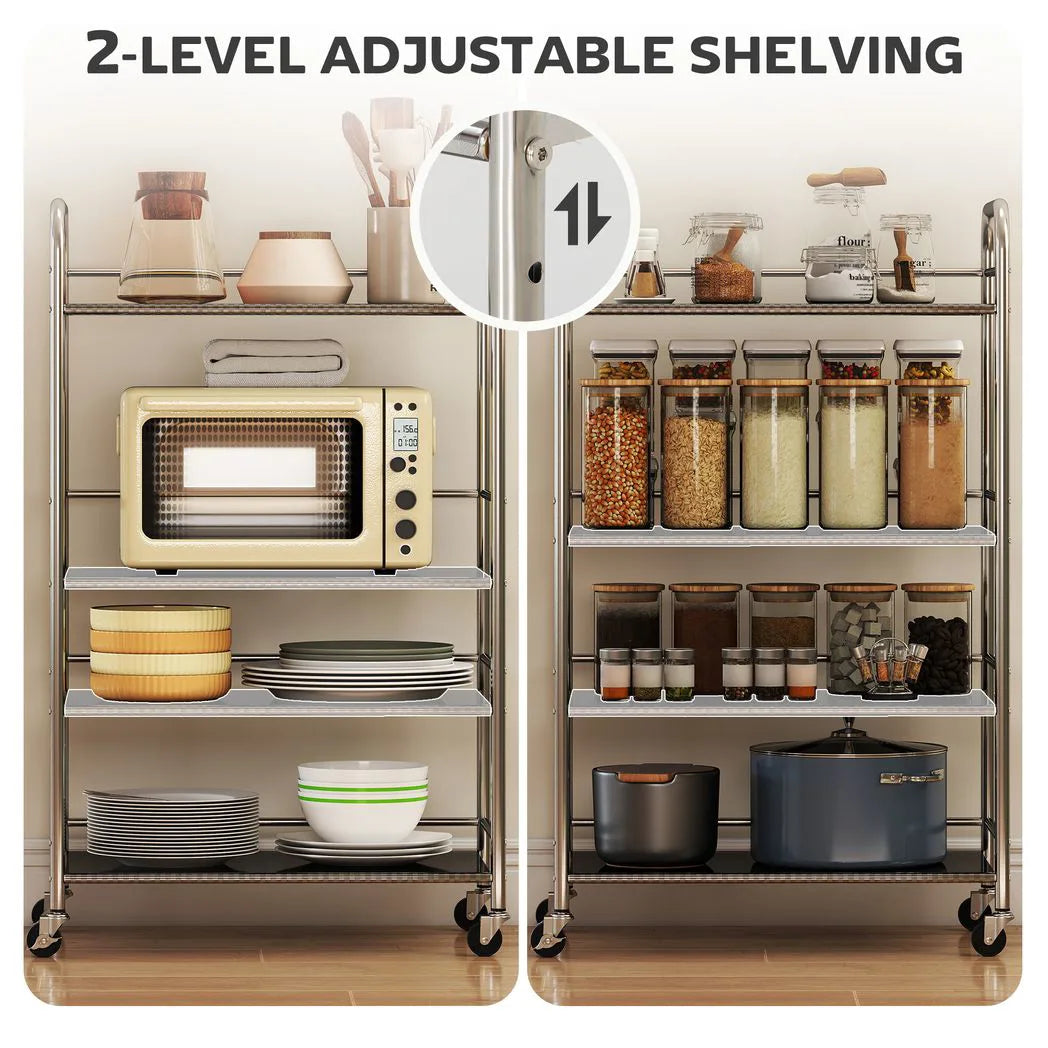 HOMCOM 4-Tier Stainless Steel Kitchen Storage Trolley with Adjustable Shelves and Lockable Wheels – Silver