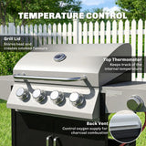 Outsunny 4 Burner Gas BBQ Grill with Side Burner, Lid & Built-in Thermometer – Portable Steel Propane Barbecue on Wheels
