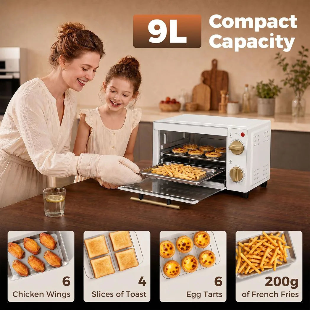 HOMCOM 9L Mini Oven with Adjustable Temperature & 60 Minute Timer – Countertop Toaster Oven Grill, White