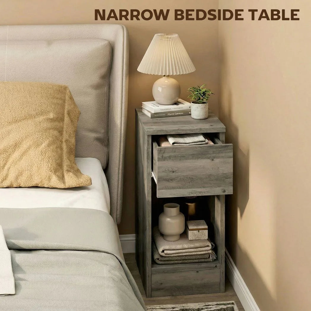 HOMCOM Set of 2 Slim Bedside Tables with Drawer and Shelf – Modern Storage Side Tables, Grey