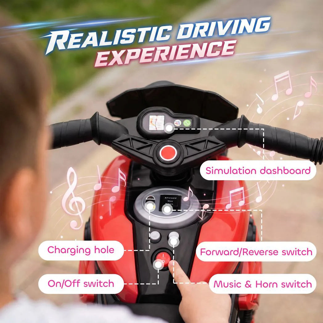AIYAPLAY Kids Electric 3-Wheel Ride-On Motorbike with Horn, Headlights & Music – Toddler Battery Bike, Red