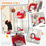 AIYAPLAY 5-in-1 Dinosaur Basketball Set with Adjustable Stand, Golf & Ring Toss – Indoor Kids Sports Toy, Red