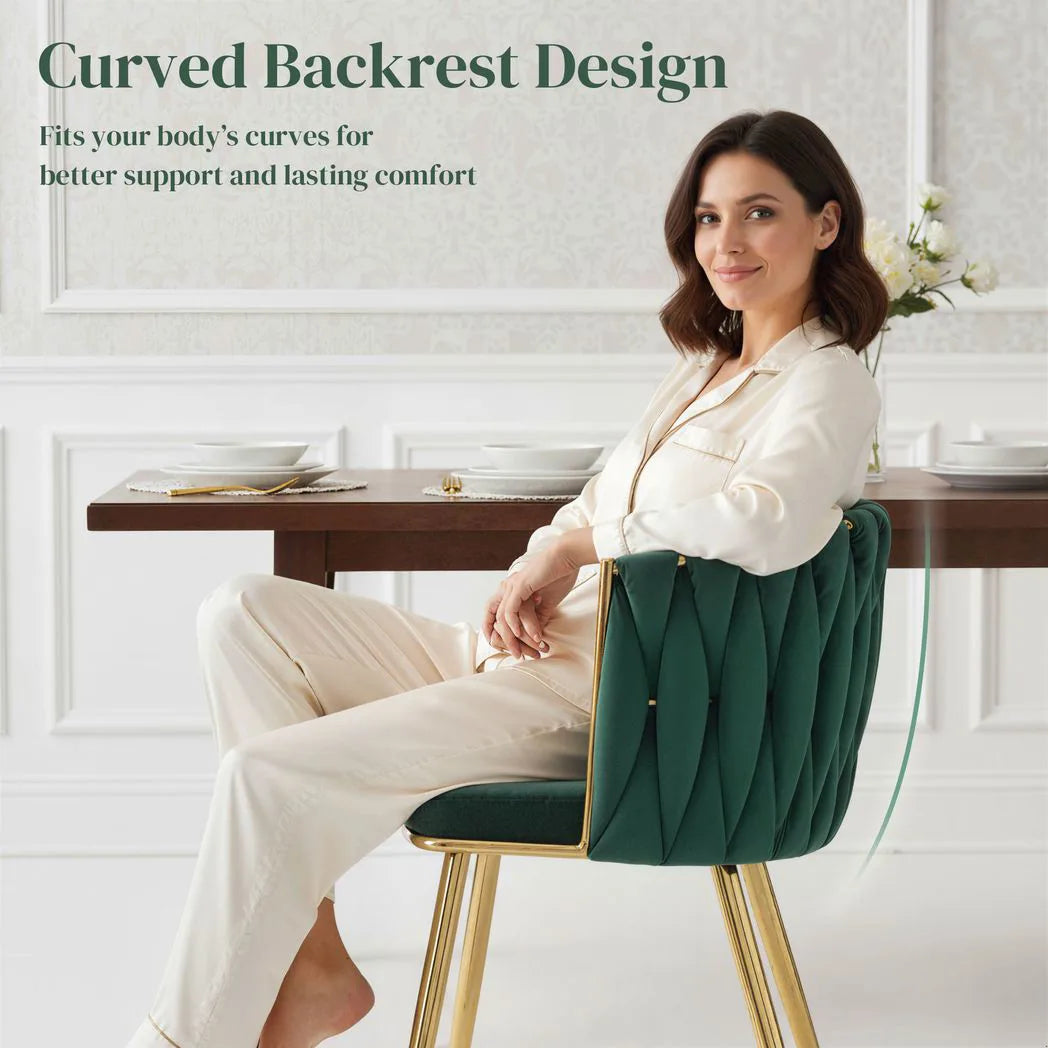 HOMCOM Set of 2 Velvet-Feel Dining Chairs with Knot Backrest and Golden Metal Legs, Dark Green