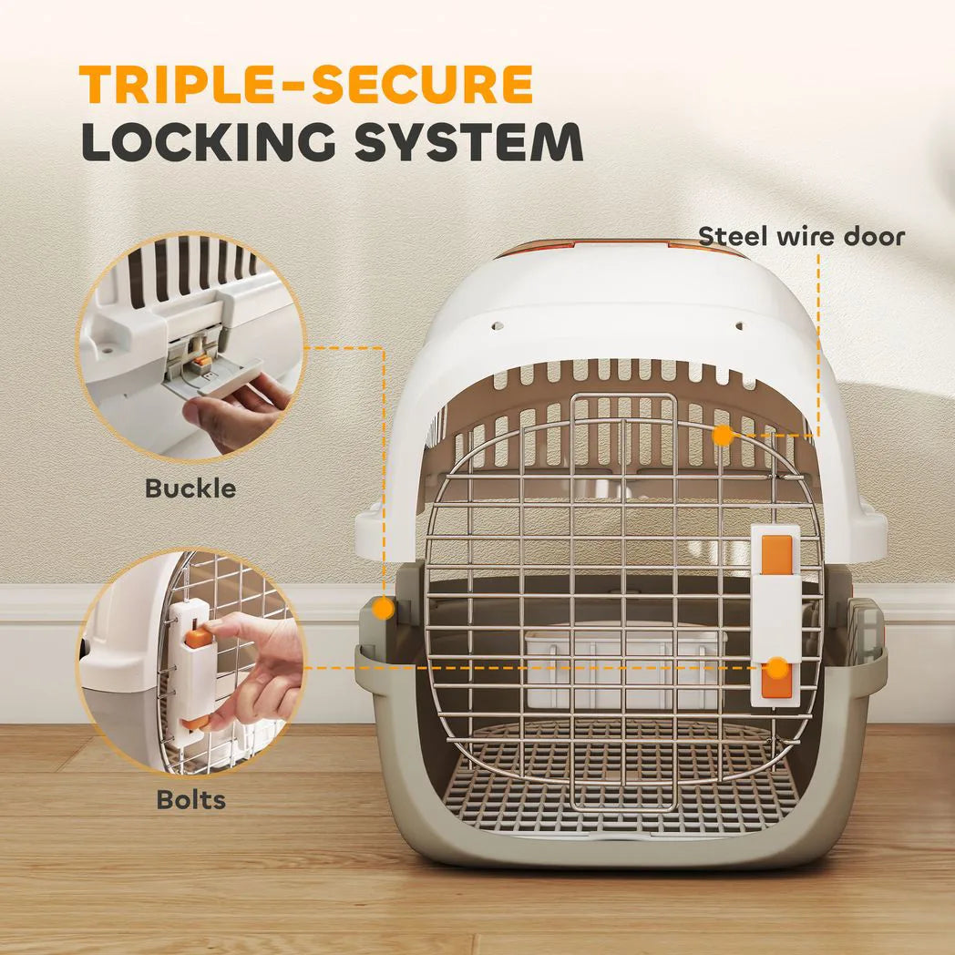 PawHut Hard Shell Pet Carrier for Cats and Small Dogs up to 4kg – Steel Door, Secure Lock, Feed Bowl