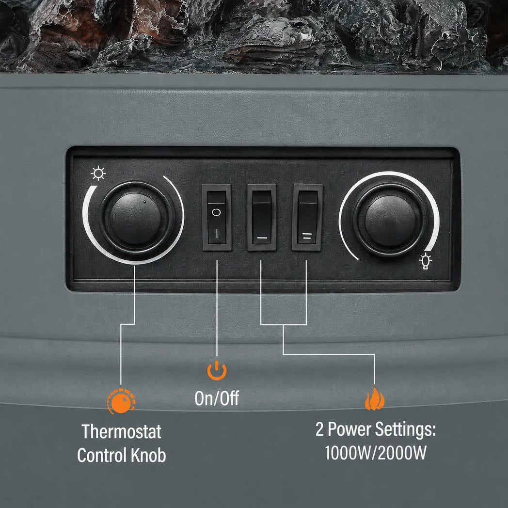 HOMCOM 1000/2000W Electric Fireplace Stove with 3D Flame Log and Thermostat – Freestanding Heater, Grey