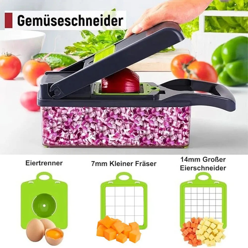 16-in-1 Vegetable Chopper with 8 Interchangeable Blades and 1.5L Container – Salad Slicer, Dicer and Grater Set