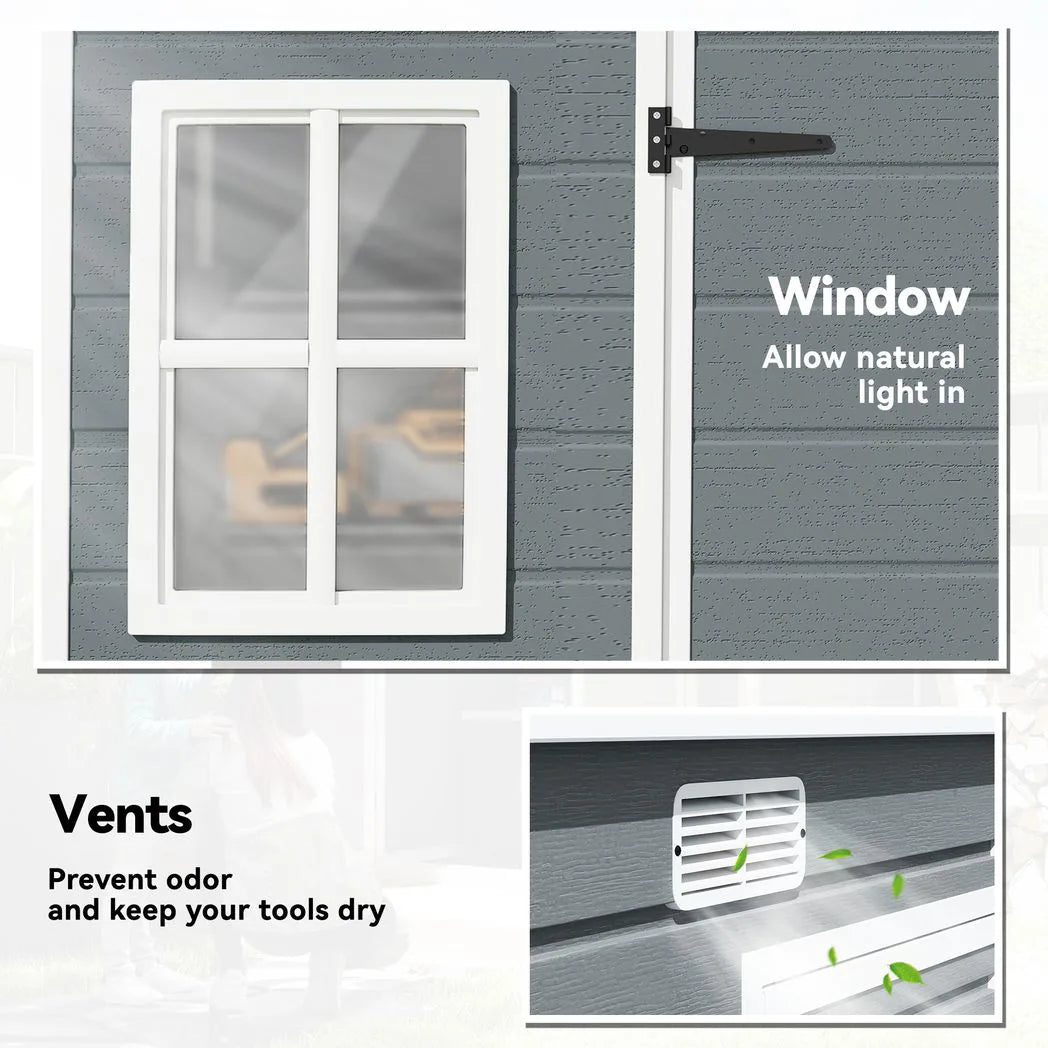 Outsunny 10 x 6ft Resin Garden Shed with Floor, Windows, Lockable Doors and Vents – Outdoor Storage, Grey