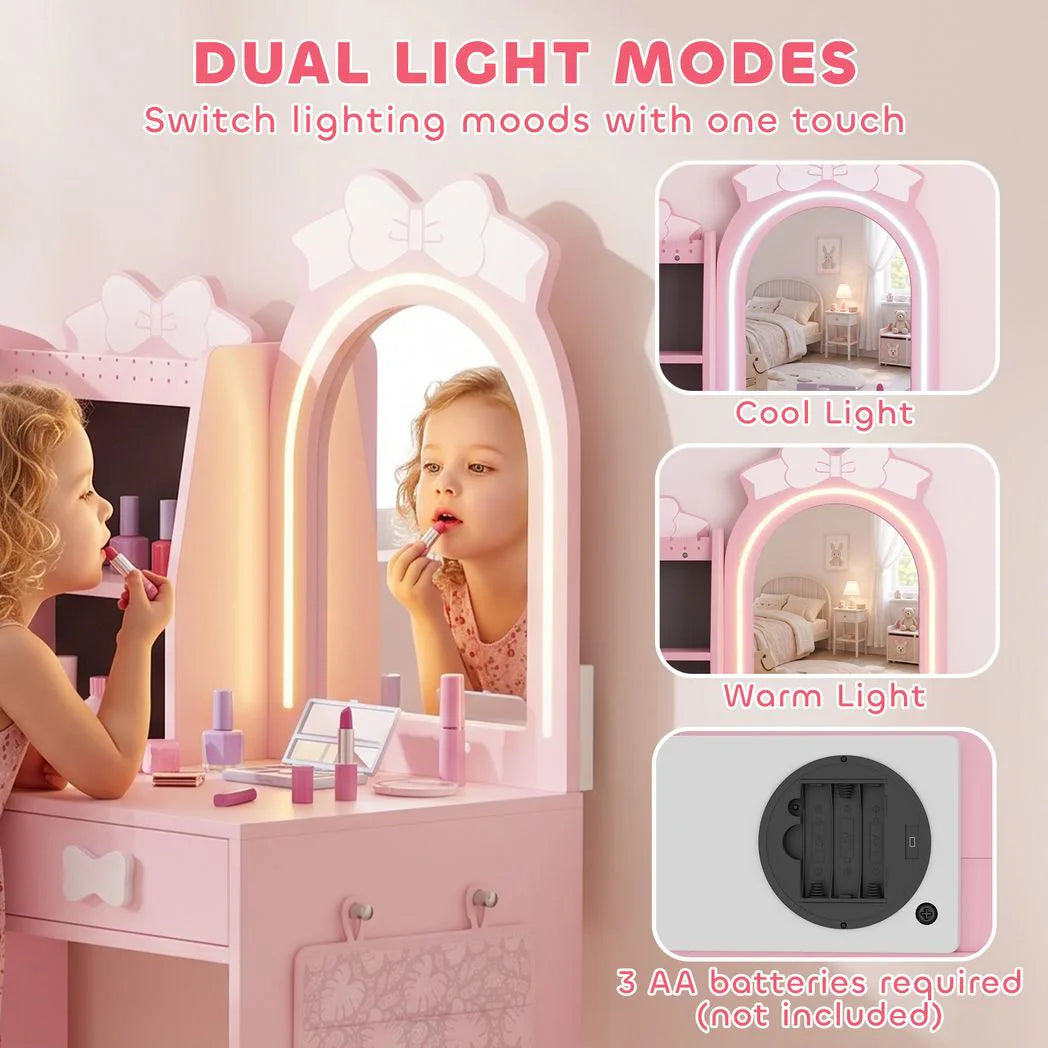 AIYAPLAY 3-in-1 Kids Dressing Table with Stool, Light-Up Mirror and Clothes Rack – Vanity Set Ages 3-8, Pink