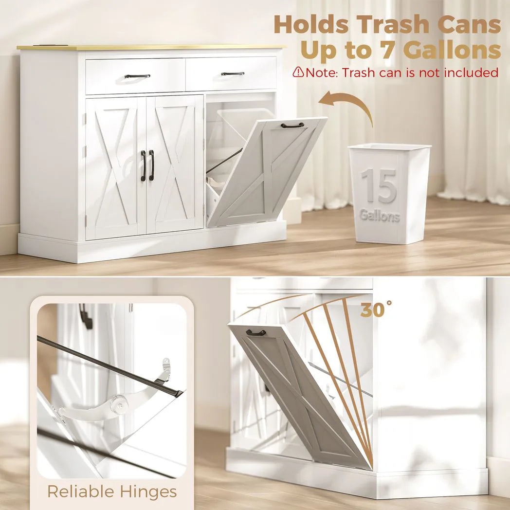 HOMCOM Tilt Out Bin Cabinet with Charging Station, 2 Drawers & Door Racks – Kitchen Island with 57L Hidden Storage, White