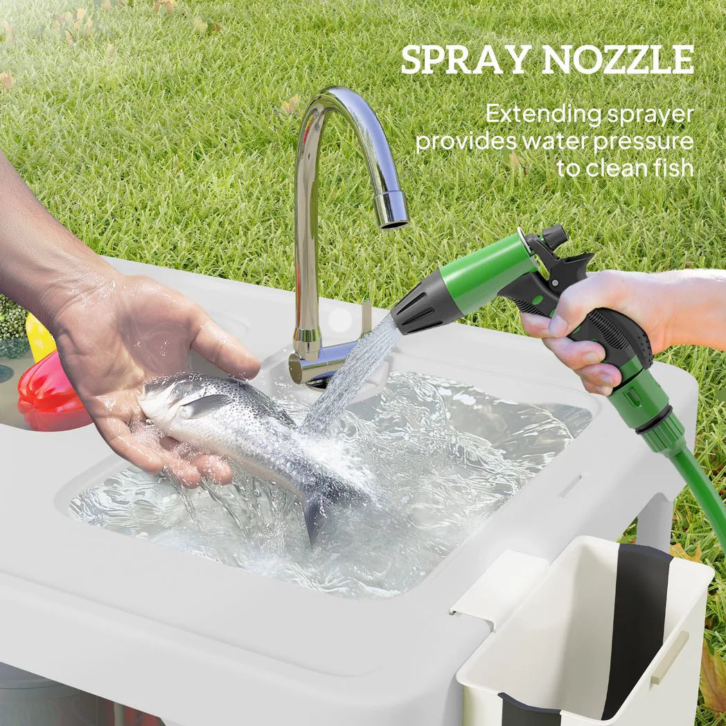 Outsunny Folding Fish Cleaning Table with Two Sinks, Faucet & Drainage Hoses – Portable Camping Sink Table