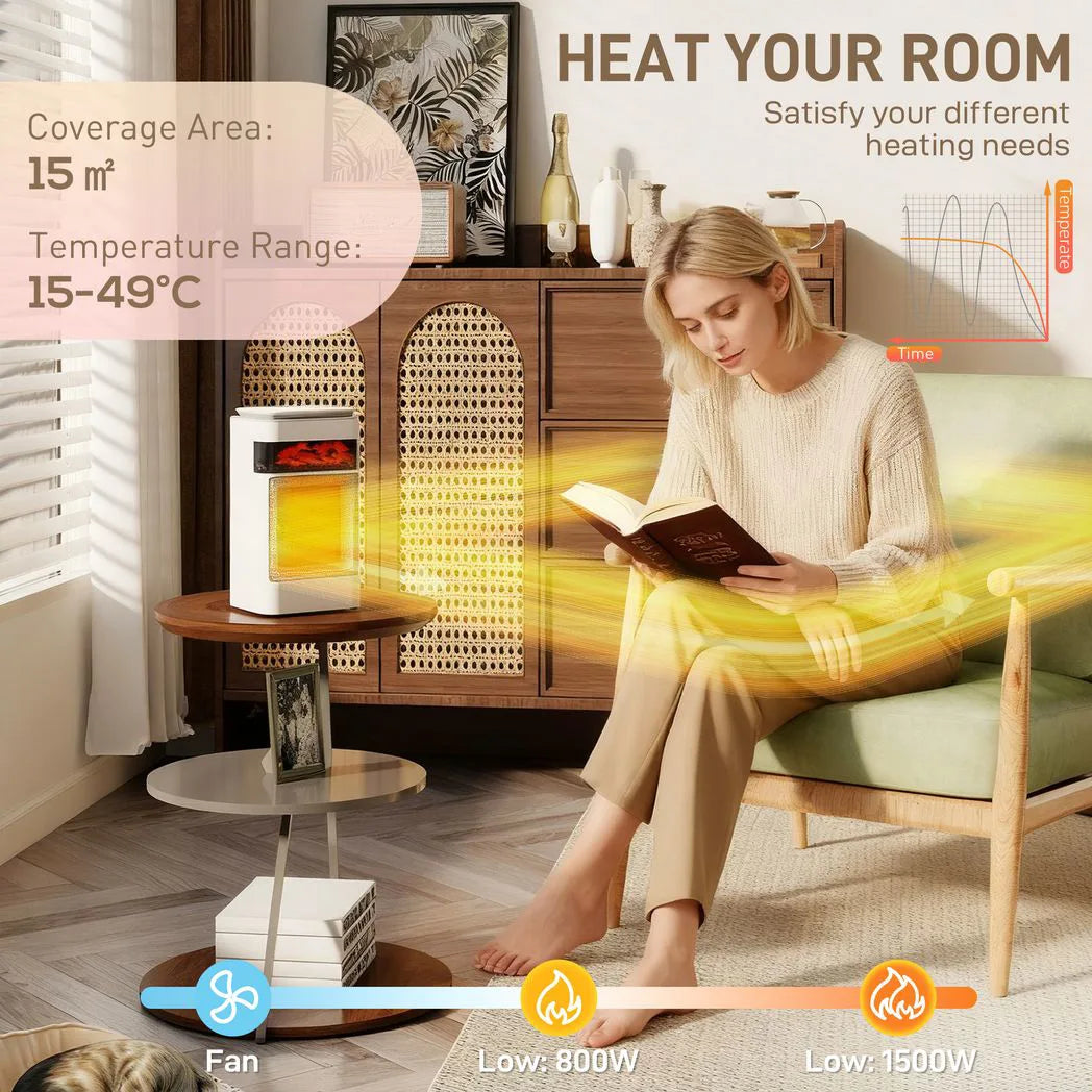 HOMCOM 1500W Ceramic Fan Heater with 3 Modes, 24H Timer, Flame Effect and Oscillation – Bedroom Heater, White