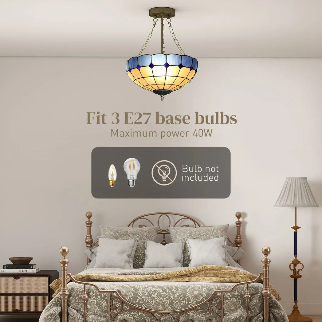 HOMCOM Tiffany Style Semi Flush Ceiling Light with 3 E27 Sockets – Vintage Stained Glass Chandelier for Living Room