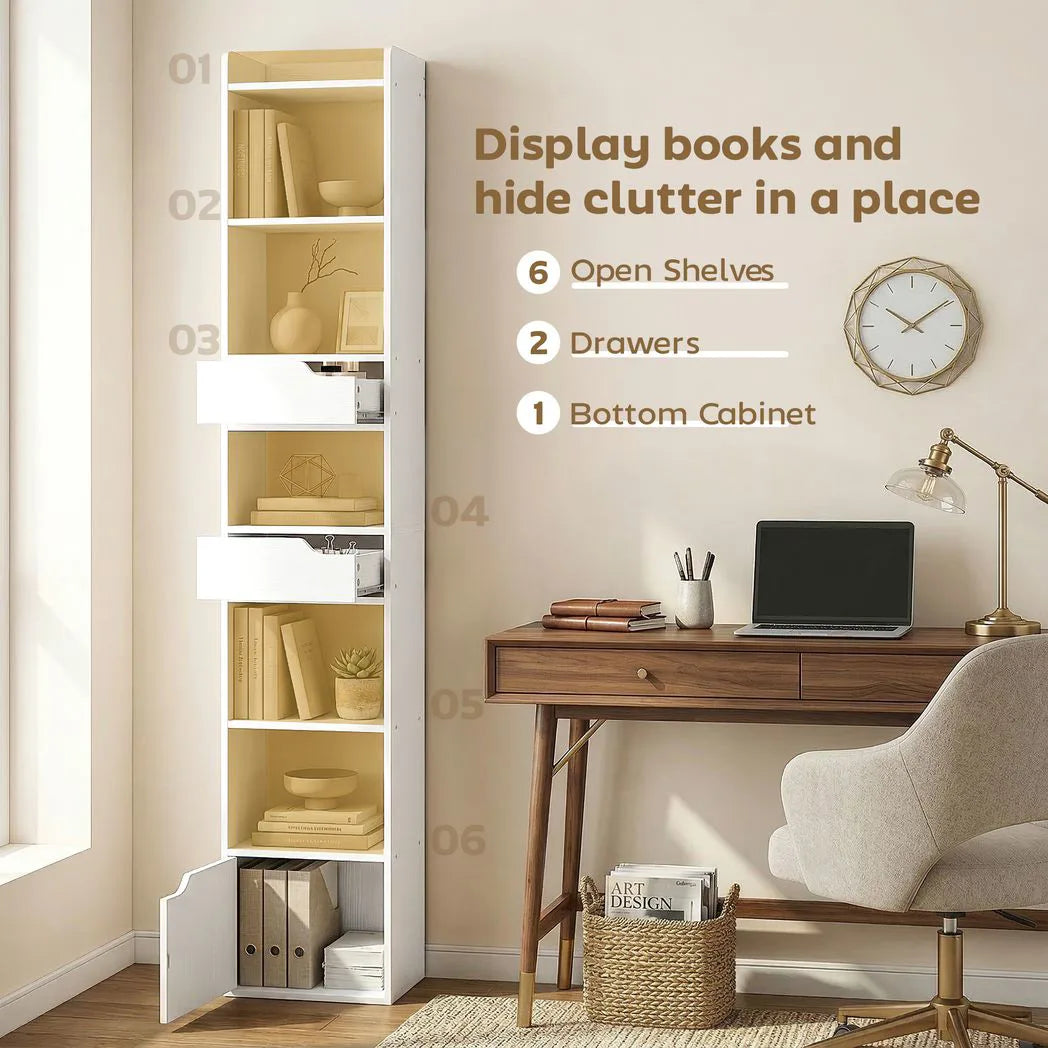 HOMCOM Tall Narrow Bookcase with Drawers and Bottom Cabinet – Freestanding Living Room Storage, White Wood Effect