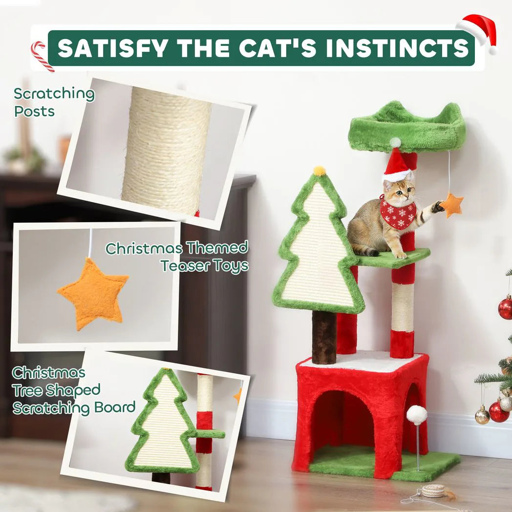 PawHut Christmas Cat Tree, 120cm Tower with Scratching Post, Bed, House and Toys – Festive Green