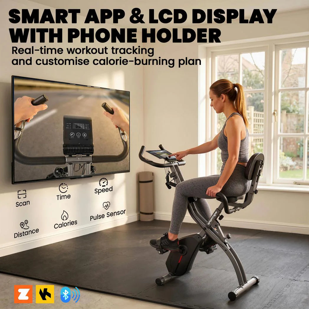 SPORTNOW 4-in-1 Folding Exercise Bike with Resistance Bands, 8-Level Magnetic Resistance & Bluetooth App, Black