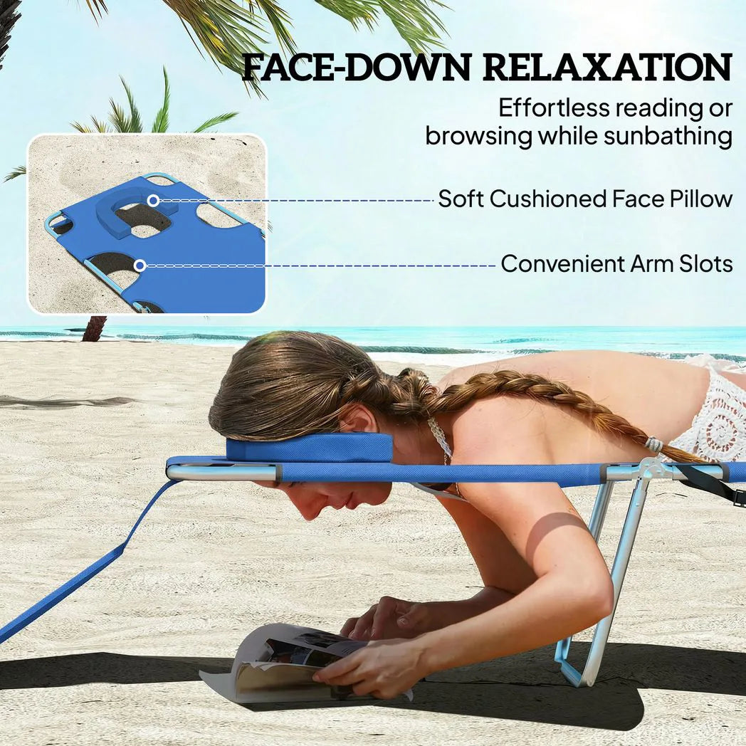 Outsunny Set of 2 Folding Sun Loungers, 5-Position Adjustable with Face Hole and Side Pocket, Blue