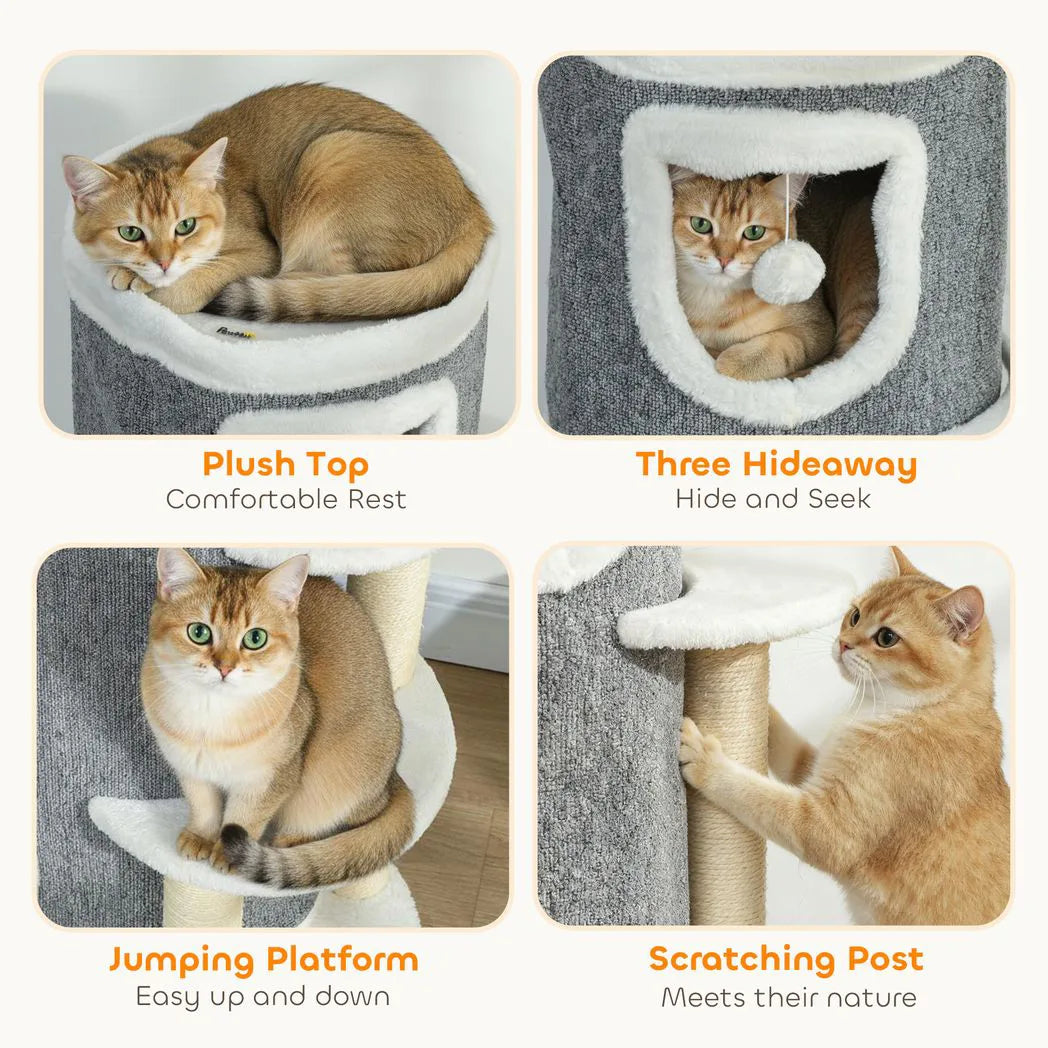 PawHut 101cm Cat Tree with Sisal Scratching Posts, 3 Barrel Condos – Indoor Cat Tower for Rest and Play