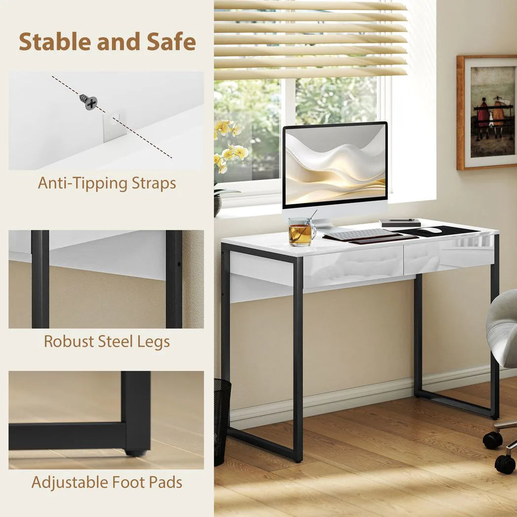 HOMCOM High Gloss Work Table with Two Handleless Drawers and Steel Frame – Home Office Desk, White