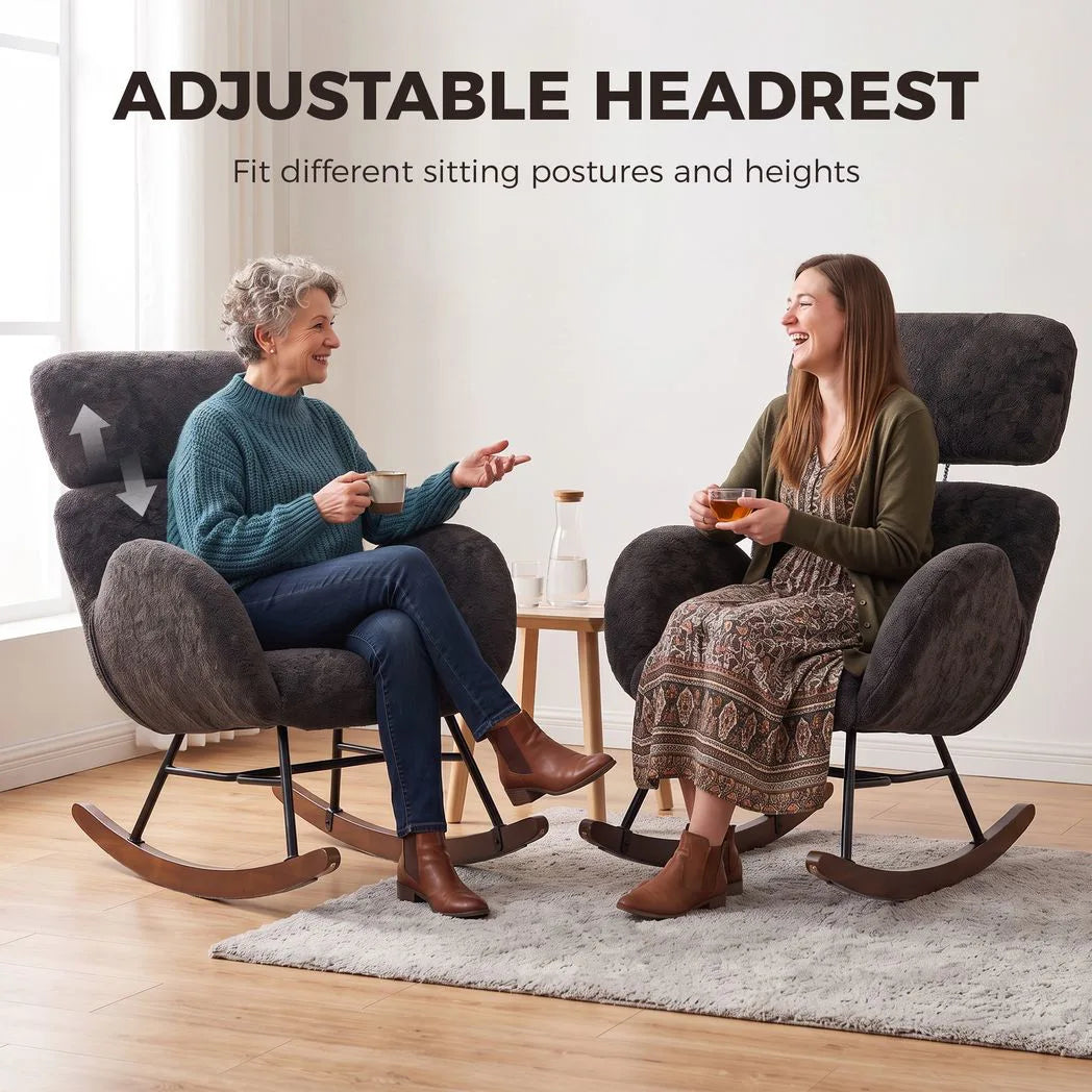 HOMCOM Upholstered Rocking Chair with Adjustable Headrest – Raindrop Velvet Rocker, Rubberwood Legs, Dark Grey