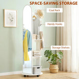 HOMCOM 2-in-1 Full Length Mirror with Storage Shelves, Floor Mirror with 4 Wheels, Coat Rack, Hooks