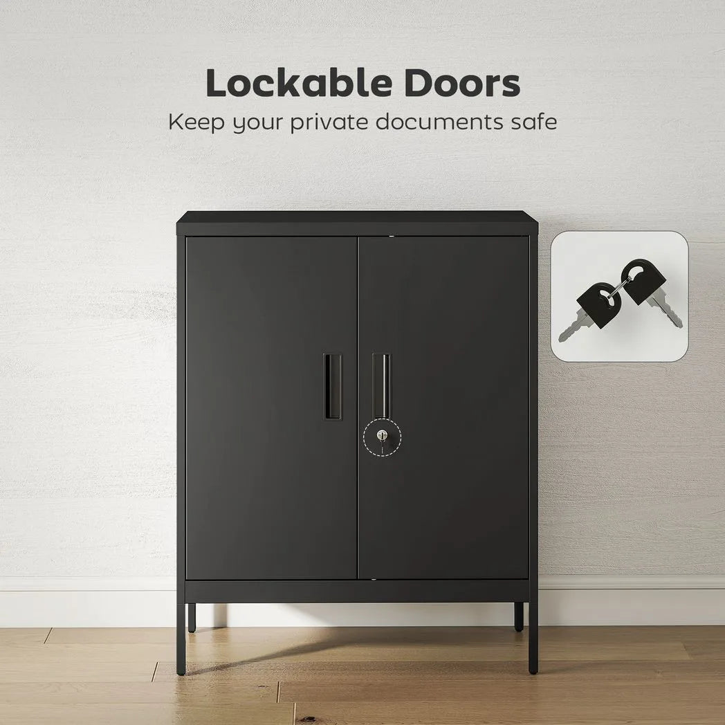 HOMCOM Metal Storage Cabinet with Lock and 2 Adjustable Shelves – Garage and Office Storage, Black