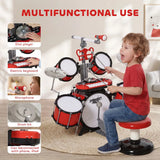 HOMCOM Kids Drum Set with Toy Microphone, Keyboard, Cymbals, Pedal & Stool – Educational Musical Toy for Beginners, Red