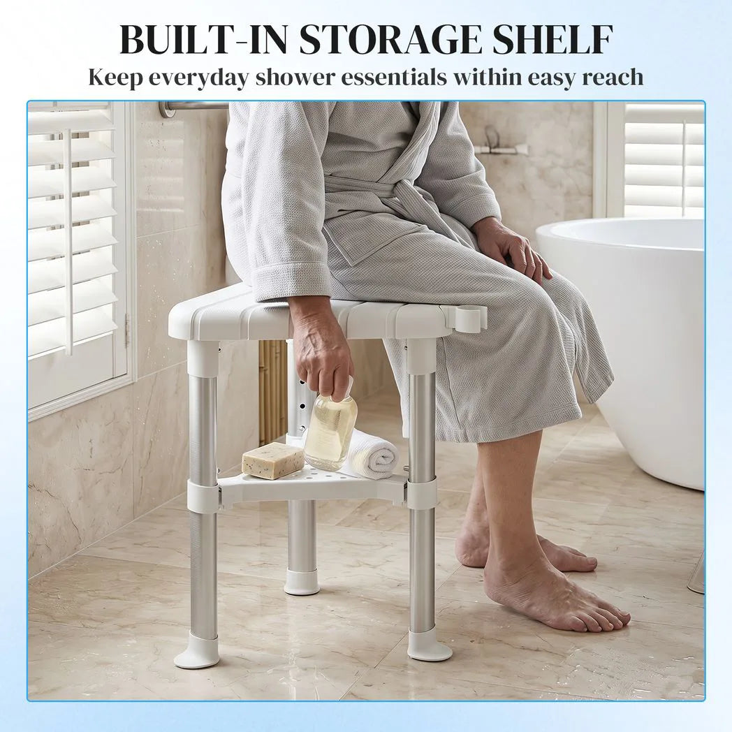 HOMCOM Corner Shower Stool with Storage Shelf, Aluminium Frame and HDPE Seat – Height Adjustable Chair, White