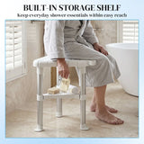 HOMCOM Corner Shower Stool with Storage Shelf, Aluminium Frame and HDPE Seat – Height Adjustable Chair, White