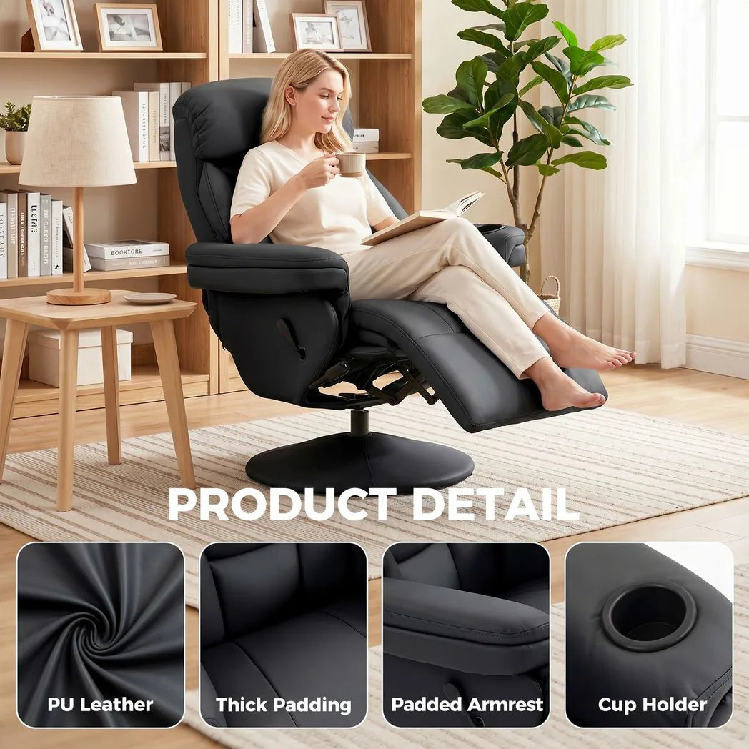 HOMCOM PU Leather Manual Recliner Armchair with 360° Swivel, Footrest and Cup Holder – Living Room Chair, Black