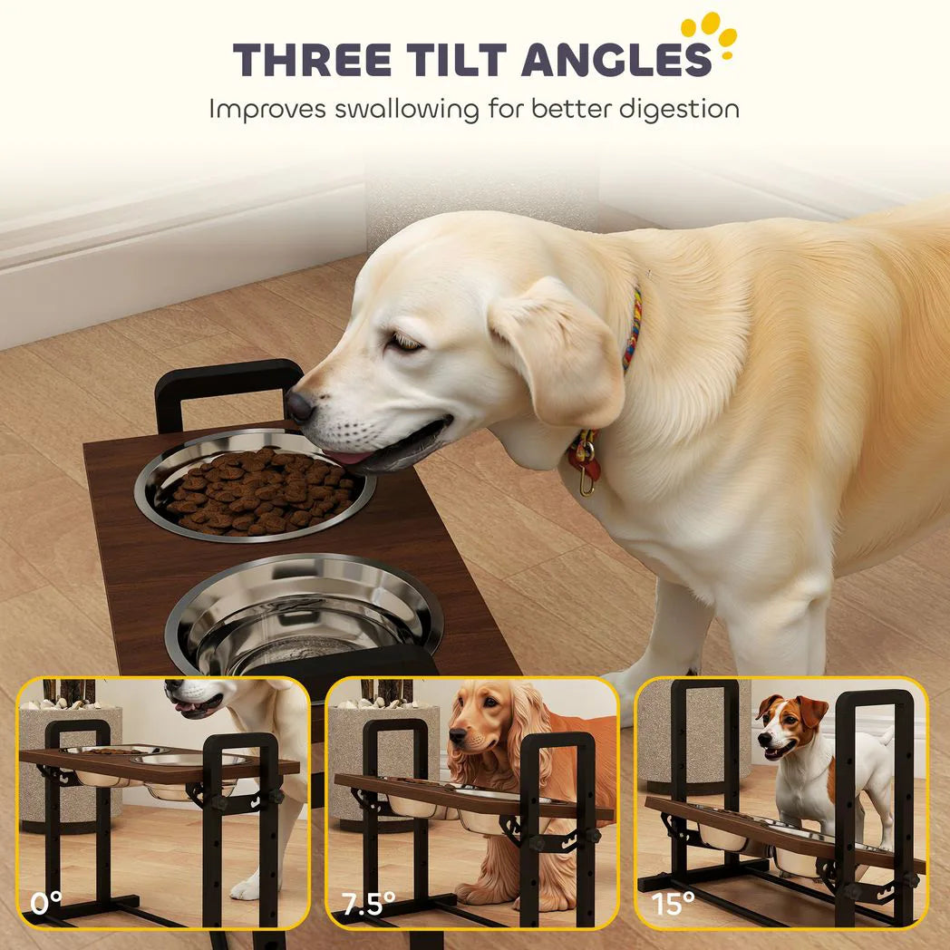 PawHut Raised Dog Bowls with Stand, 4 Adjustable Heights & 3 Angles, 2 x 1.2L Stainless Steel Feeder, Brown