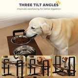 PawHut Raised Dog Bowls with Stand, 4 Adjustable Heights & 3 Angles, 2 x 1.2L Stainless Steel Feeder, Brown